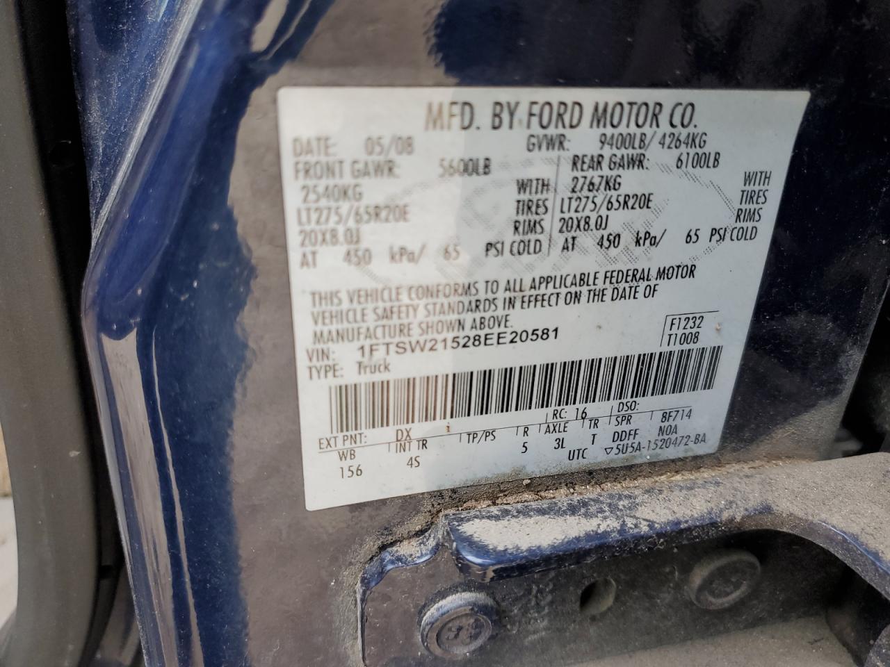 1FTSW21528EE20581 2008 Ford F250 Super Duty