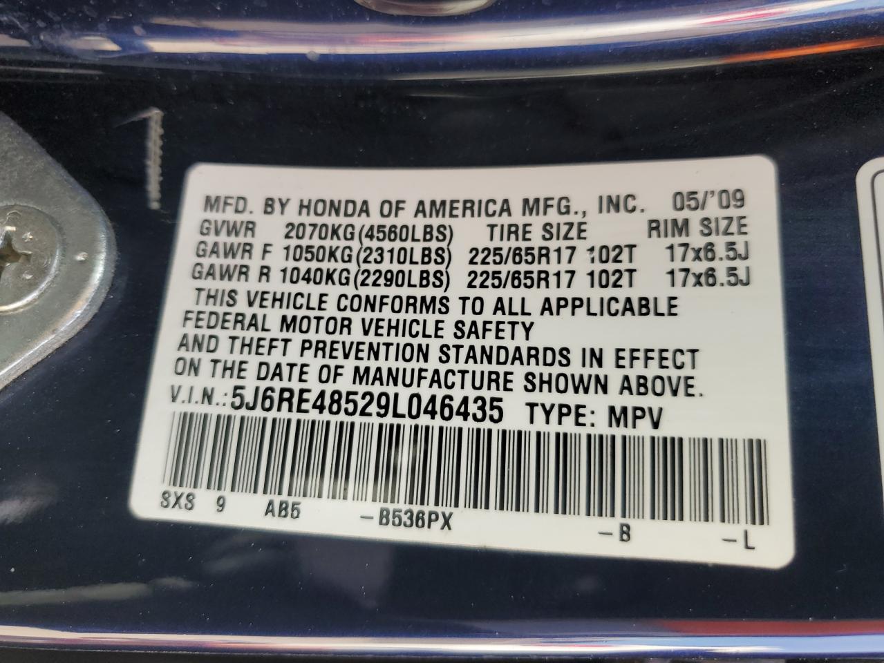 5J6RE48529L046435 2009 Honda Cr-V Ex