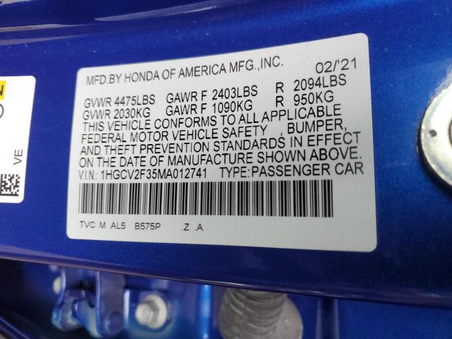 1HGCV2F35MA012741 | 2021 HONDA ACCORD SPO