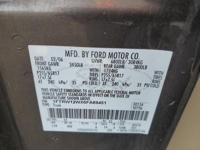 2006 Ford F150 Supercrew VIN: 1FTRW12WX6FA89451 Lot: 40385204