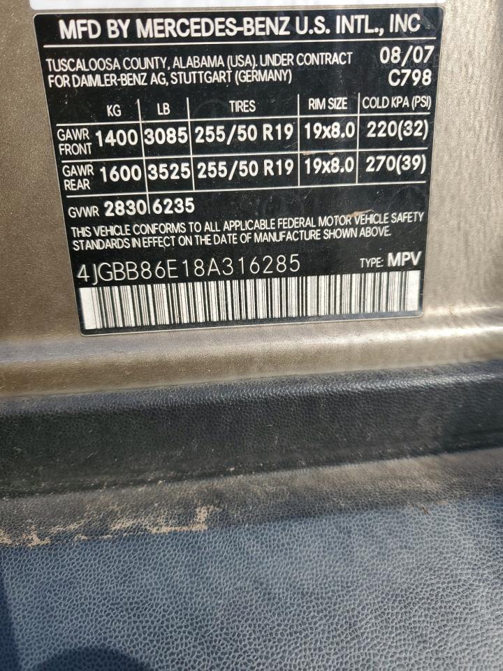 4jgbb86e18a316285 4JGBB86E18A316285 2008 Mercedes-Benz Ml 350