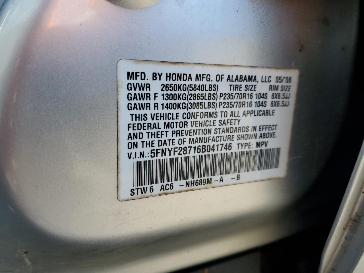 5FNYF28716B041746 2006 Honda Pilot Ex 5FNYF28716B041746 2006 Honda Pilot Ex