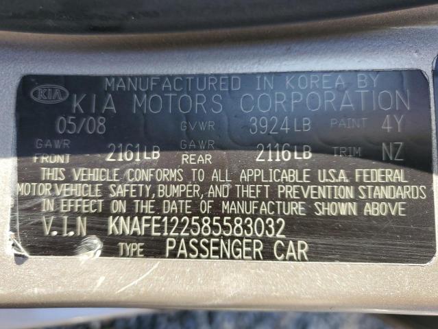 2008 Kia Spectra Ex VIN: KNAFE122585583032 Lot: 39012854