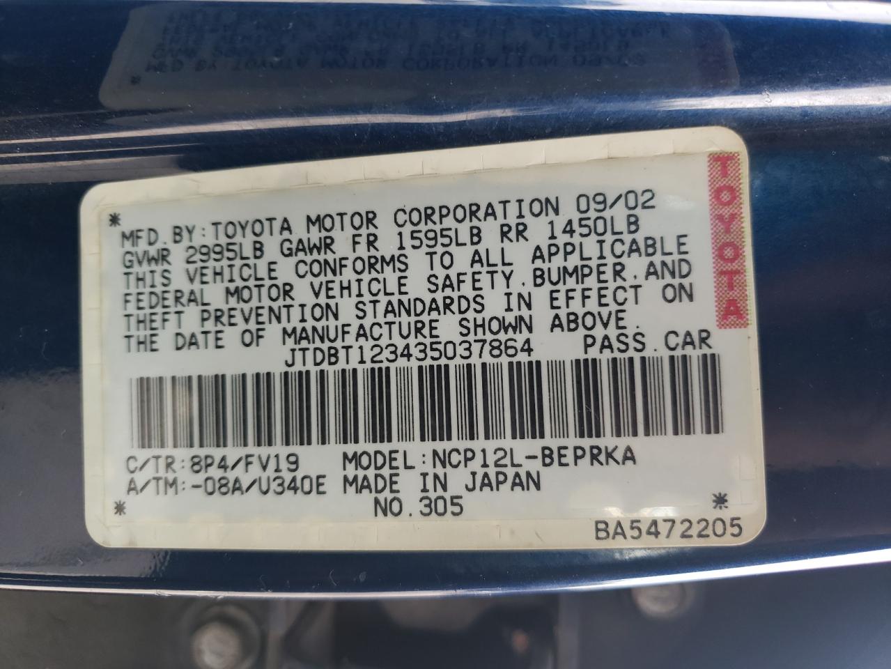 JTDBT123435037864 2003 Toyota Echo