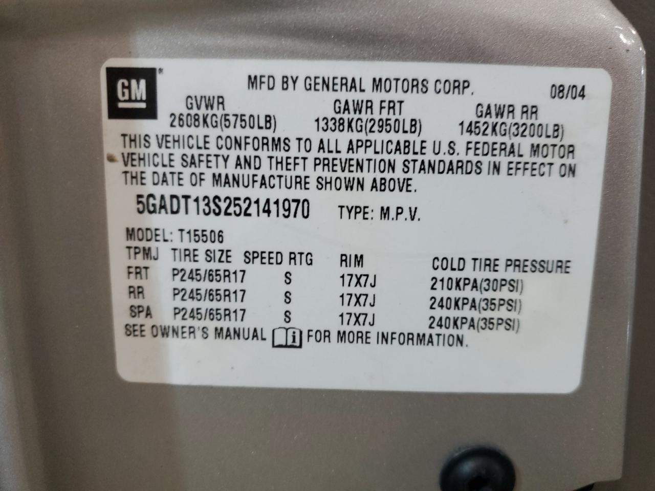 5gadt13s252141970 5GADT13S252141970 2005 Buick Rainier Cxl