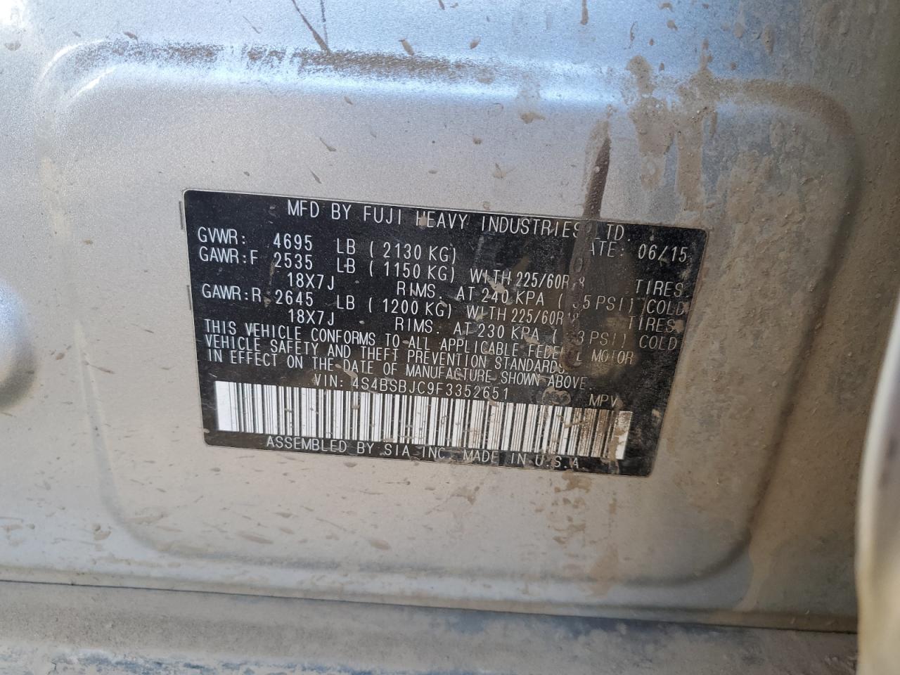 4S4BSBJC9F3352651 2015 Subaru Outback 2.5I Limited