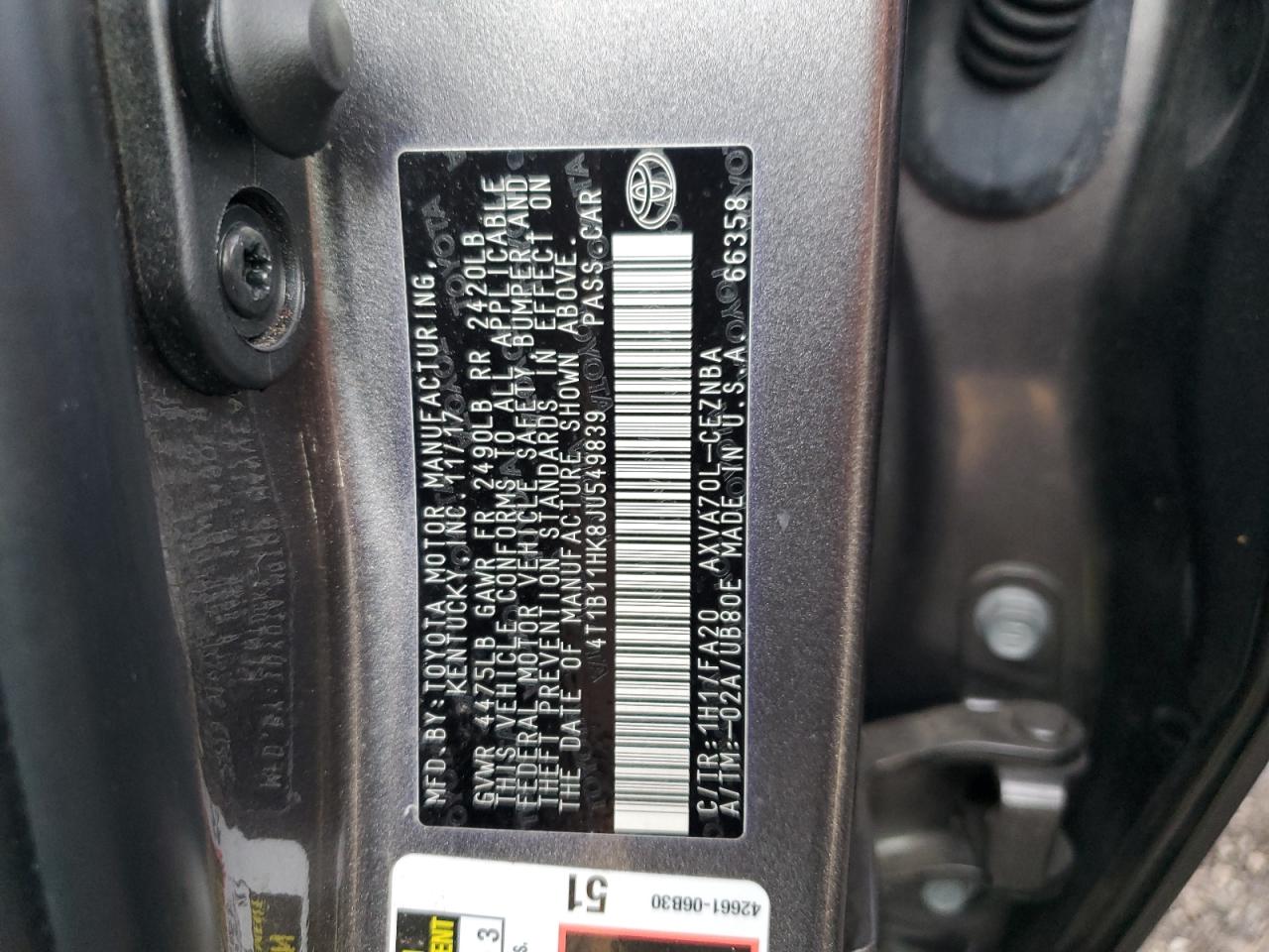 4T1B11HK8JU549839 2018 Toyota Camry L