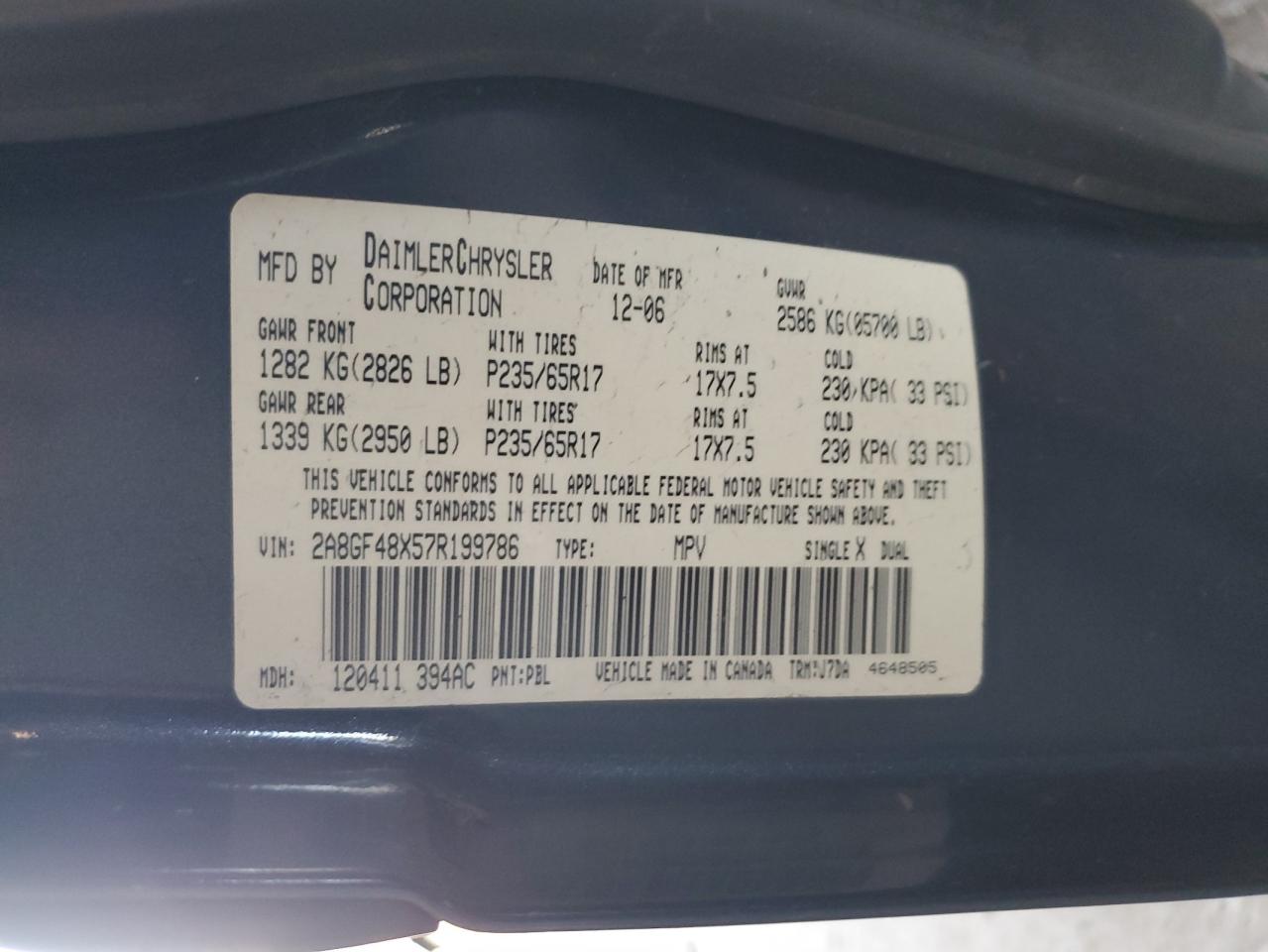 2A8GF48X57R199786 2007 Chrysler Pacifica