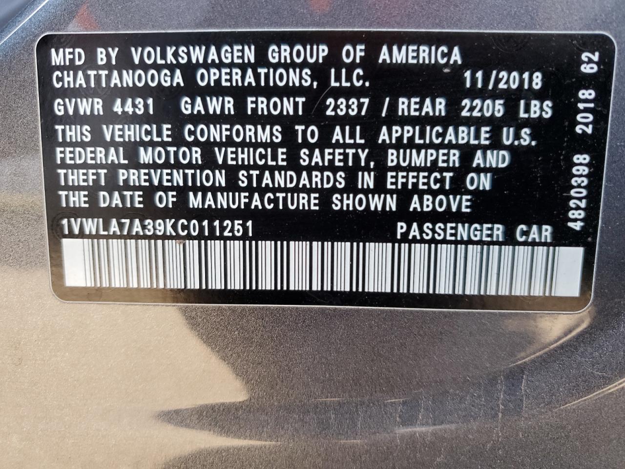 2019 Volkswagen Passat Wolfsburg vin: 1VWLA7A39KC011251