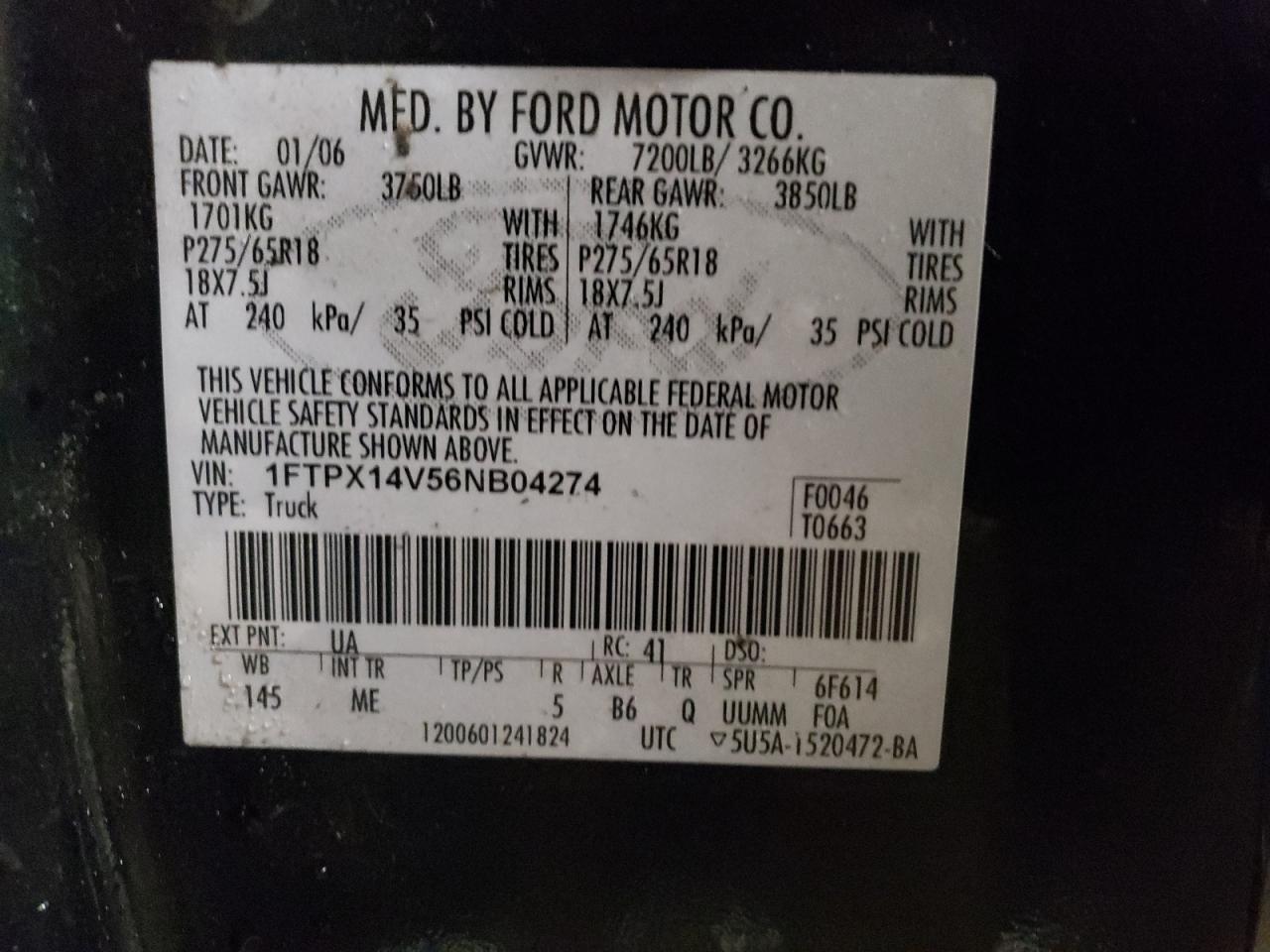 1FTPX14V56NB04274 2006 Ford F150