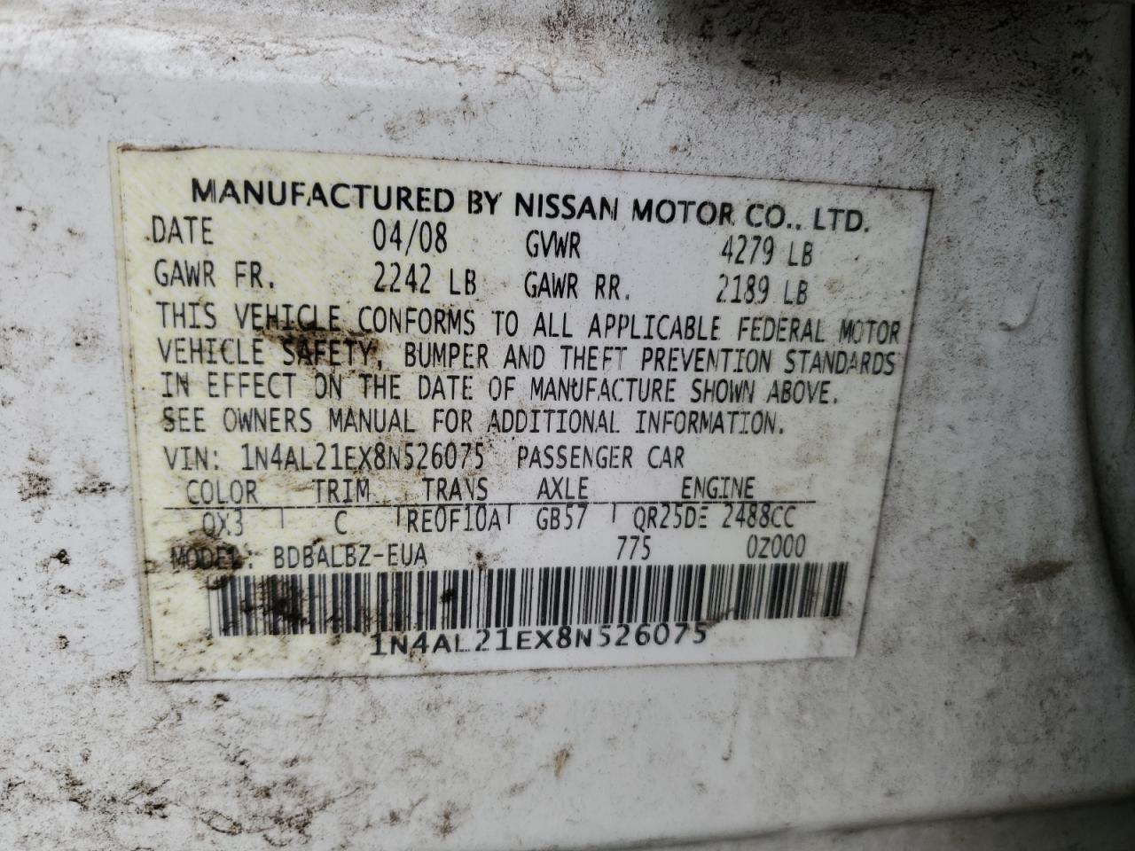 1N4AL21EX8N526075 2008 Nissan Altima 2.5