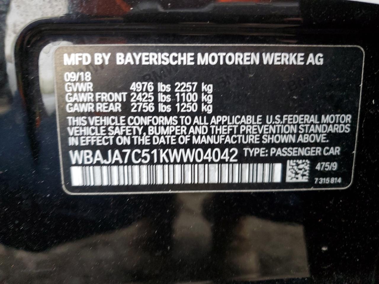 2019 BMW 530 Xi 2.0L(VIN: WBAJA7C51KWW04042