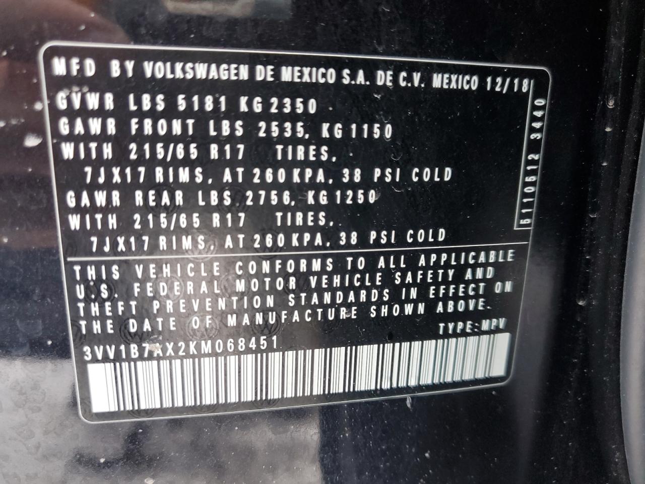 3VV1B7AX2KM068451 2019 Volkswagen Tiguan S