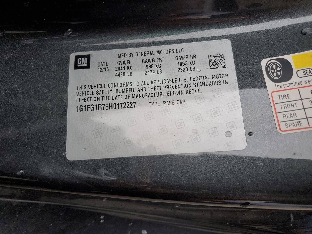 VIN: 1G1FG1R78H0172227 2017 CHEVROLET CAMARO