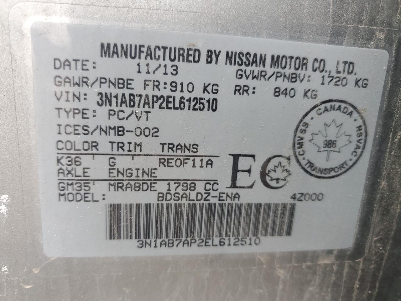 3N1AB7AP2EL612510 2014 Nissan Sentra S