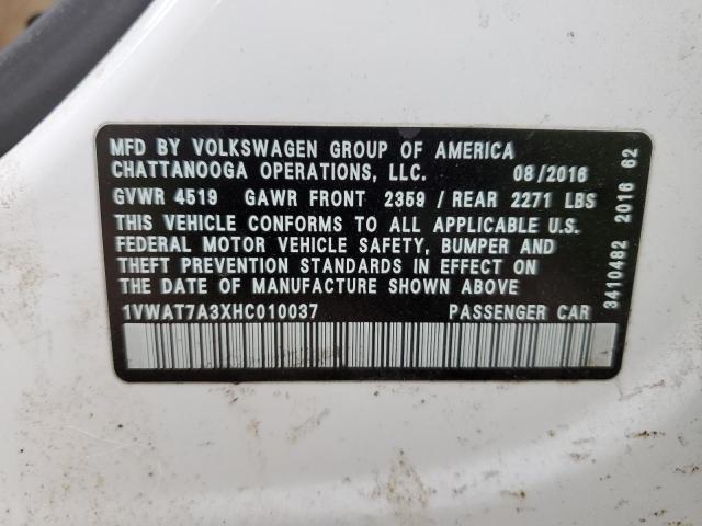 2017 VOLKSWAGEN PASSAT S 1VWAT7A3XHC010037