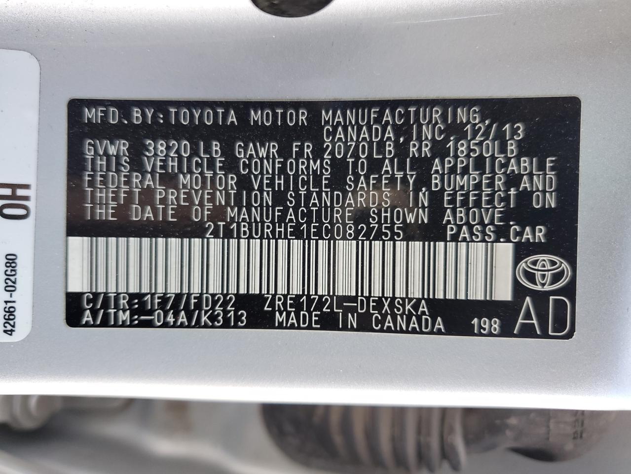 2014 Toyota Corolla L vin: 2T1BURHE1EC082755