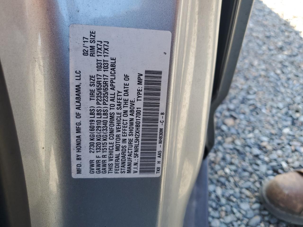 5FNRL5H2XHB017001 2017 Honda Odyssey Lx