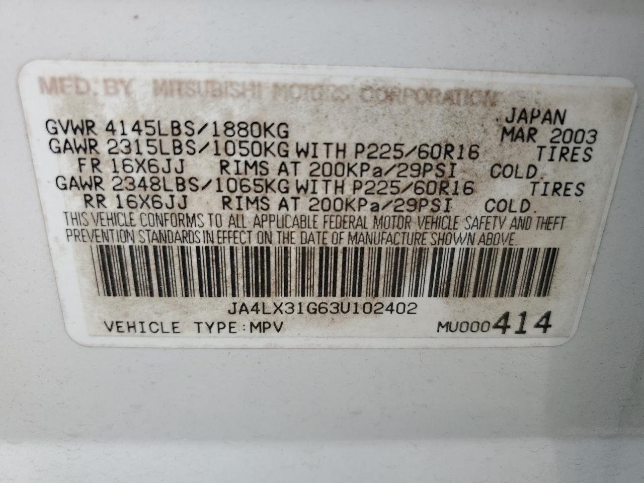 JA4LX31G63U102402 2003 Mitsubishi Outlander Ls