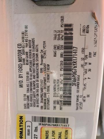 2019 FORD FUSION S 3FA6P0G76KR171417