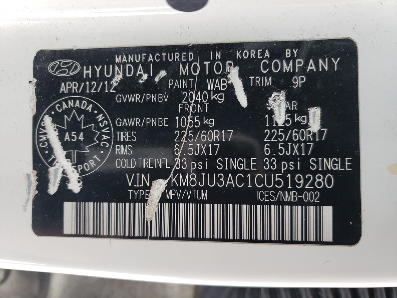 KM8JU3AC1CU519280 2012 Hyundai Tucson Gls