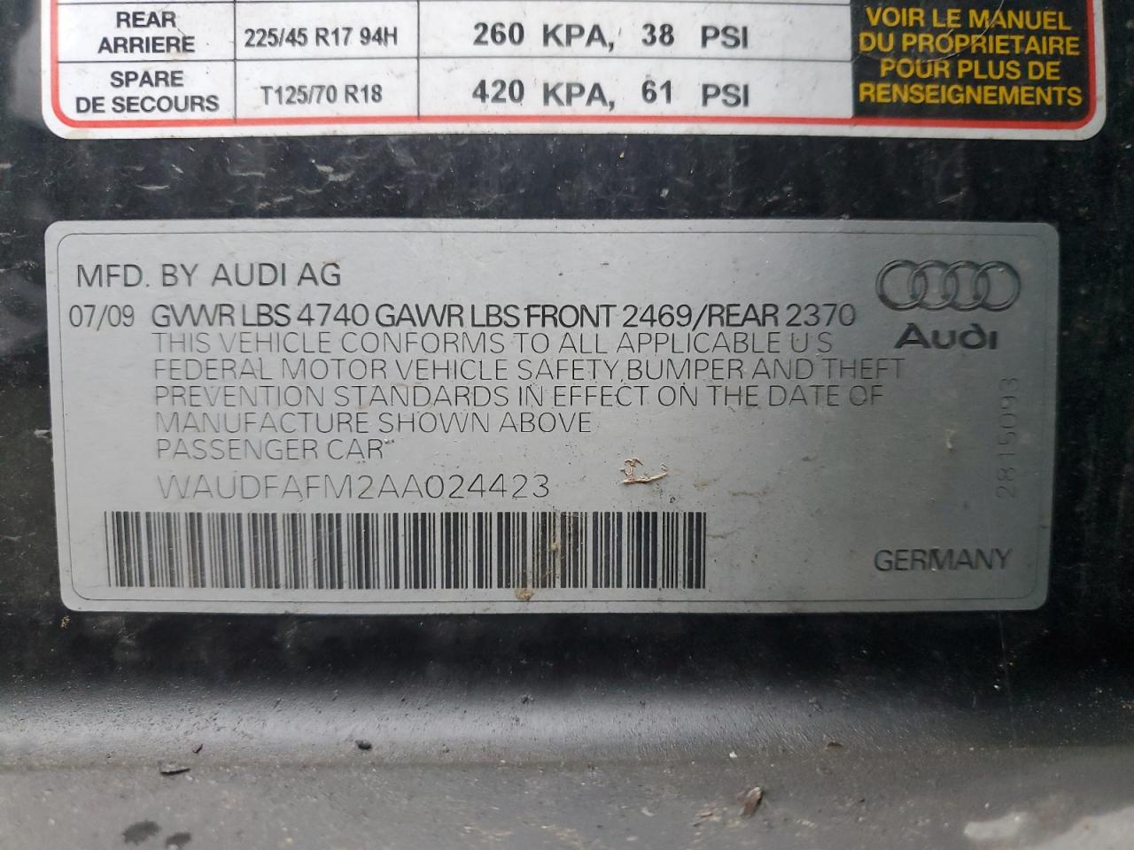 waudfafm2aa024423 WAUDFAFM2AA024423 2010 Audi A3 Premium