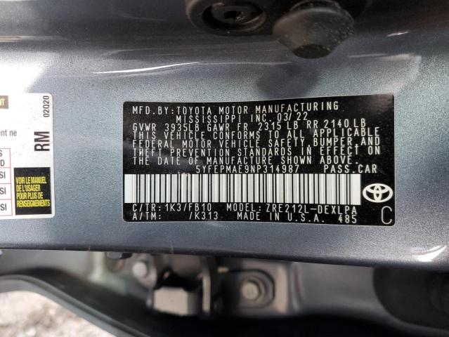 5YFEPMAE9NP314987 | 2022 TOYOTA COROLLA LE