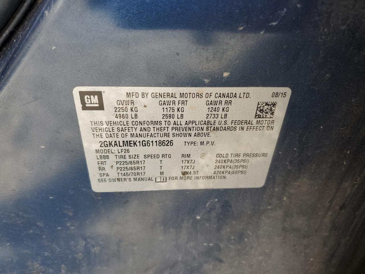 2GKALMEK1G6118626 2016 GMC Terrain Sle