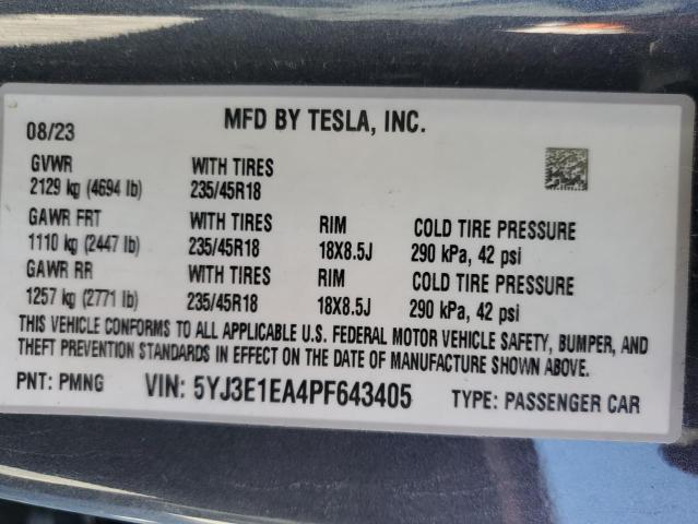 5YJ3E1EA4PF643405 | 2023 TESLA MODEL 3