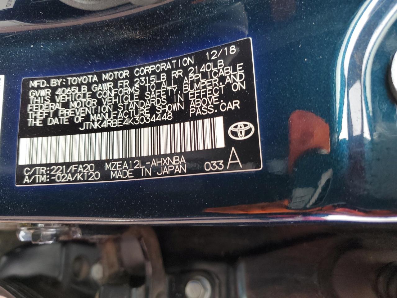 JTNK4RBE4K3034448 2019 Toyota Corolla Se