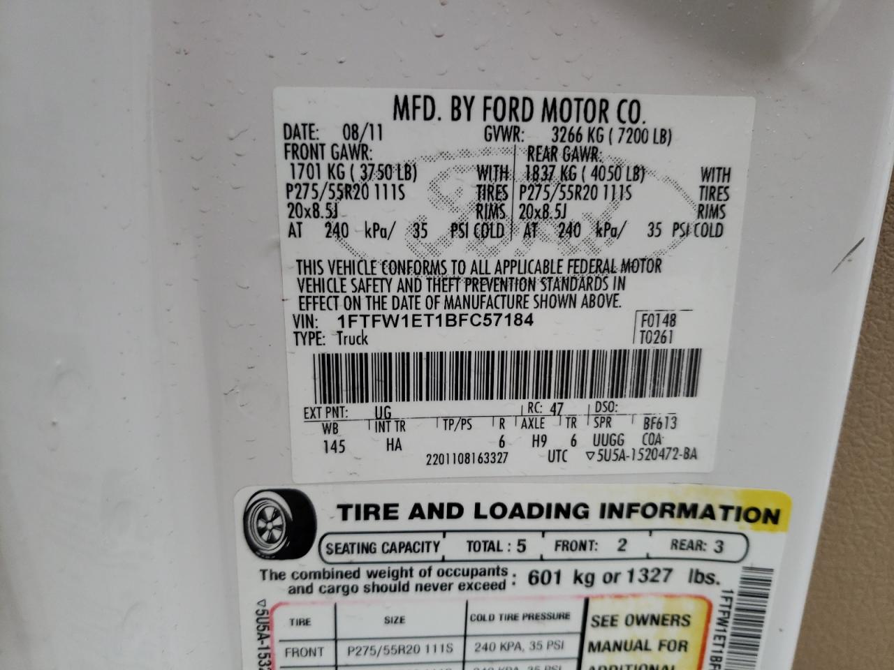 1FTFW1ET1BFC57184 2011 Ford F150 Supercrew