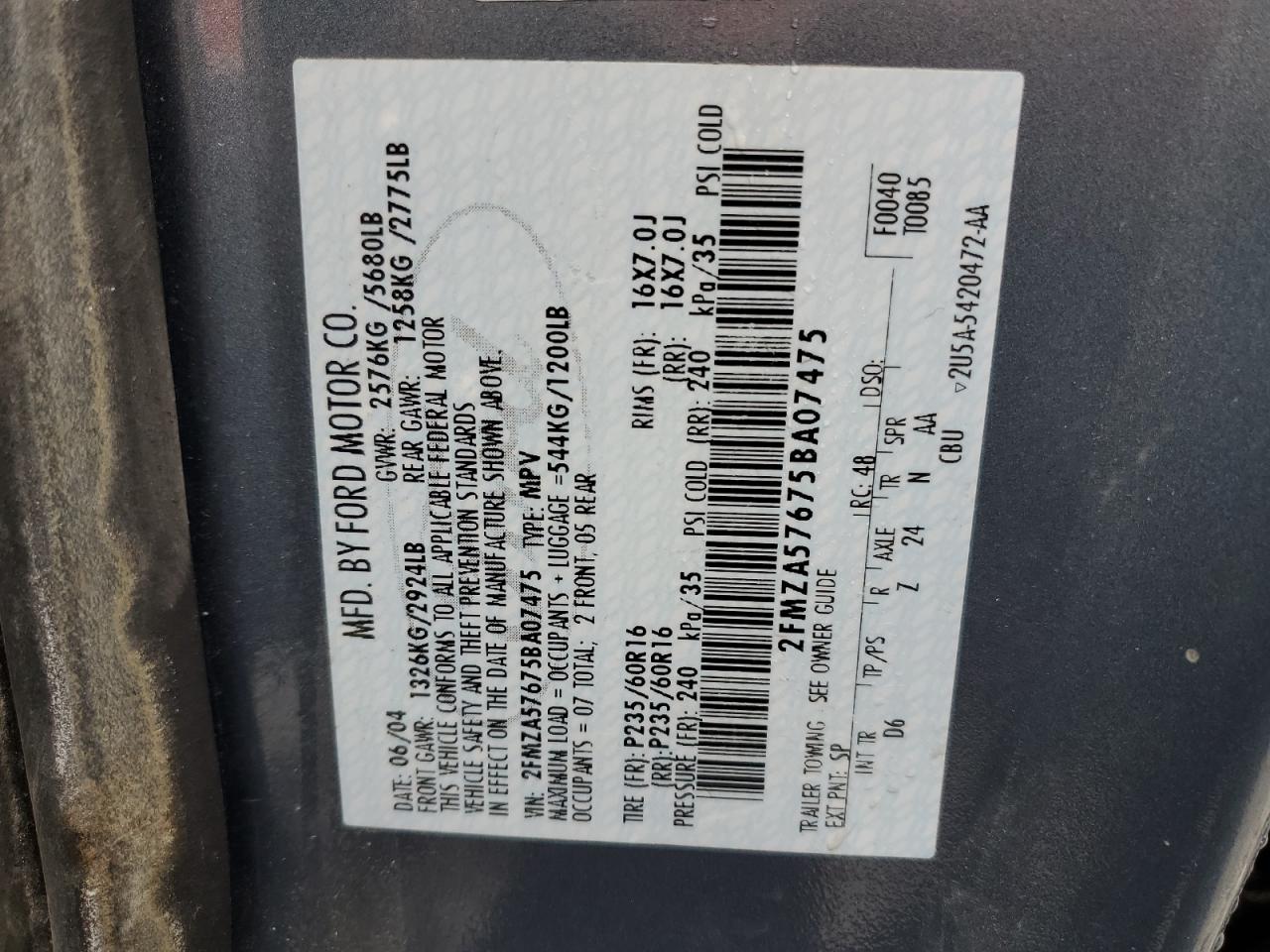 2FMZA57675BA07475 2005 Ford Freestar Ses