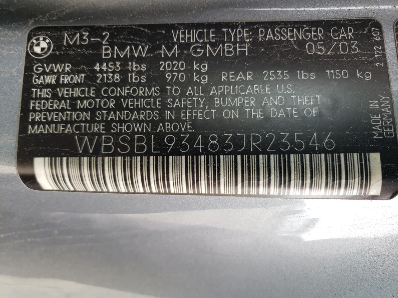 wbsbl93483jr23546 WBSBL93483JR23546 2003 BMW M3
