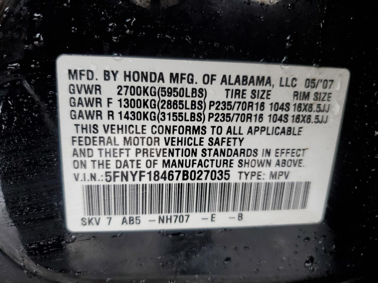 5FNYF18467B027035 2007 Honda Pilot Ex