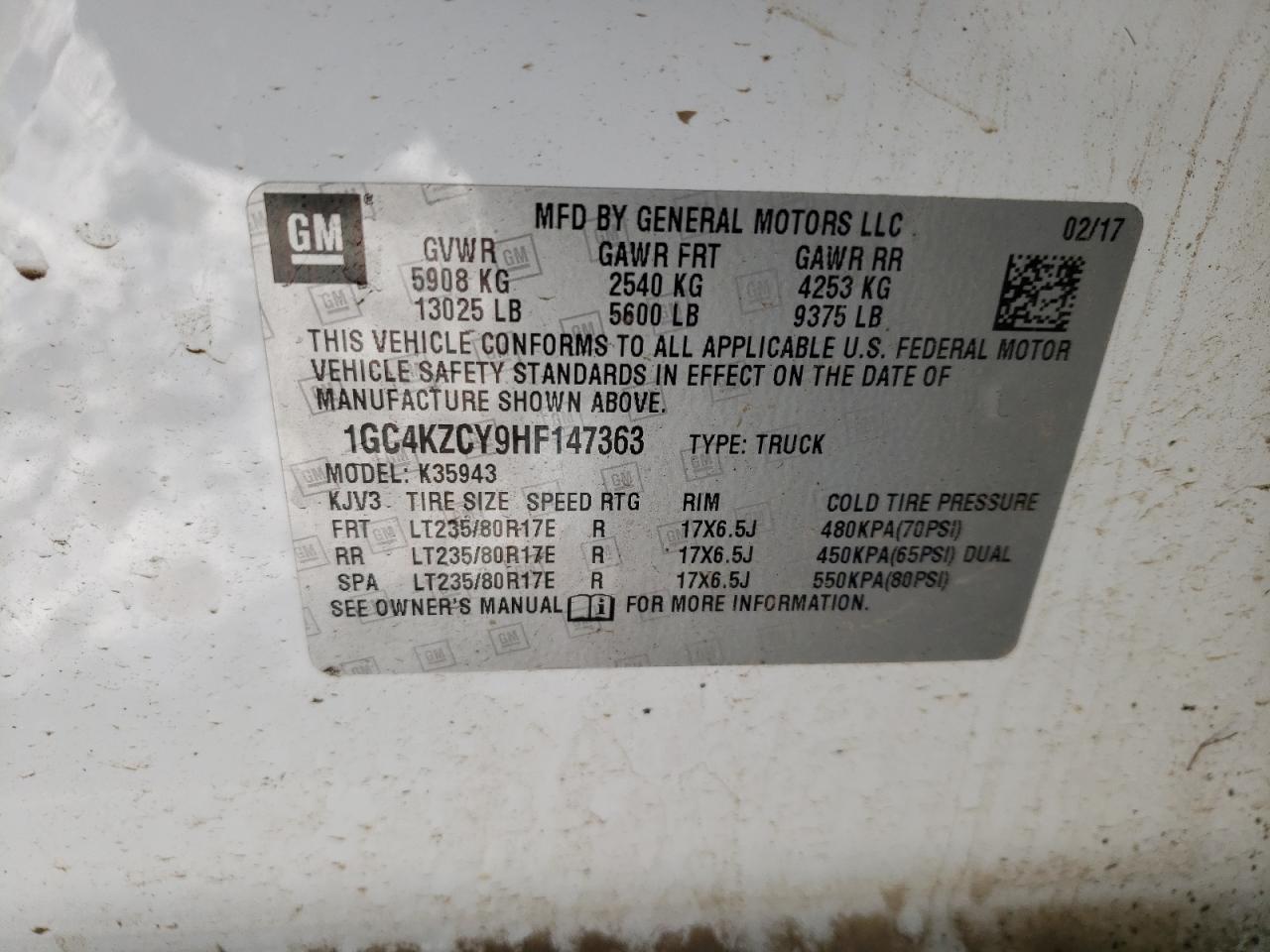 1GC4KZCY9HF147363 2017 Chevrolet Silverado K3500 Lt