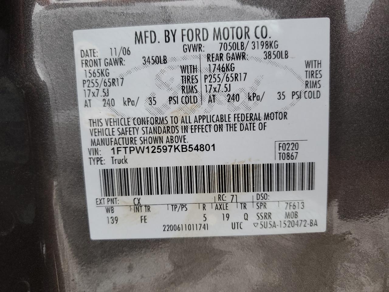 1FTPW12597KB54801 2007 Ford F150 Supercrew