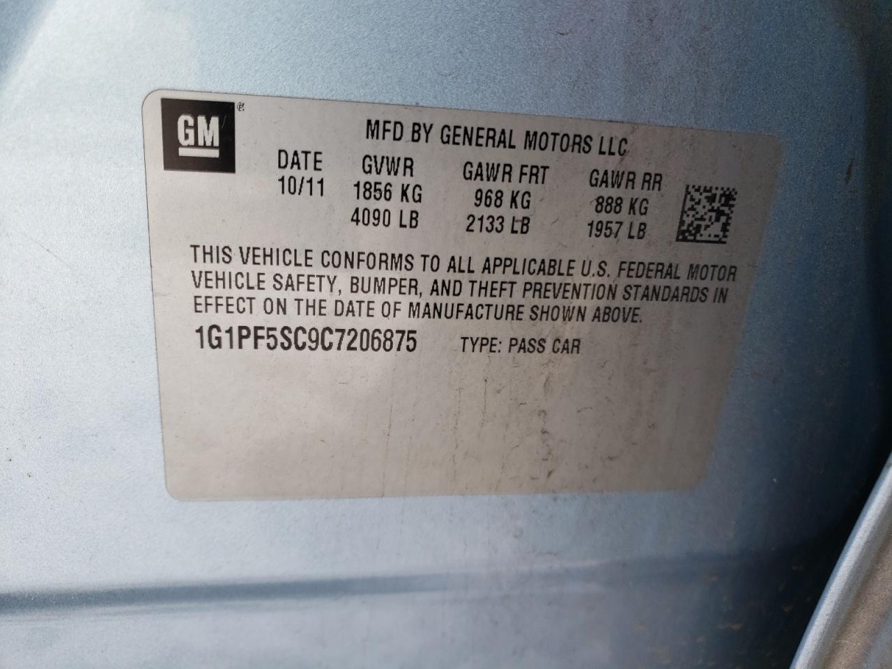 1G1PF5SC9C7206875 2012 Chevrolet Cruze Lt