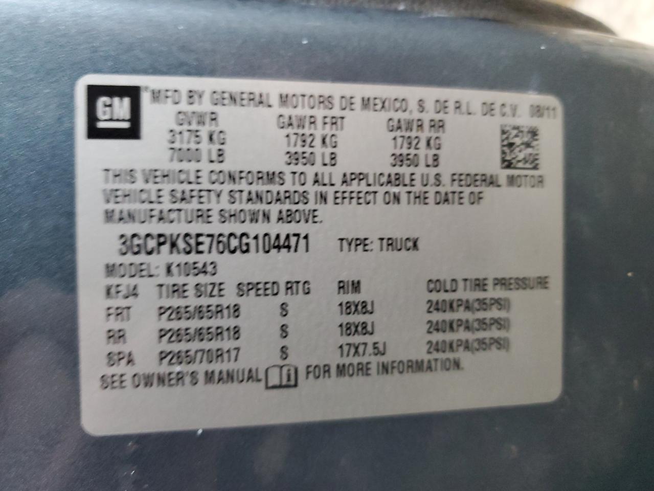 3GCPKSE76CG104471 2012 Chevrolet Silverado K1500 Lt