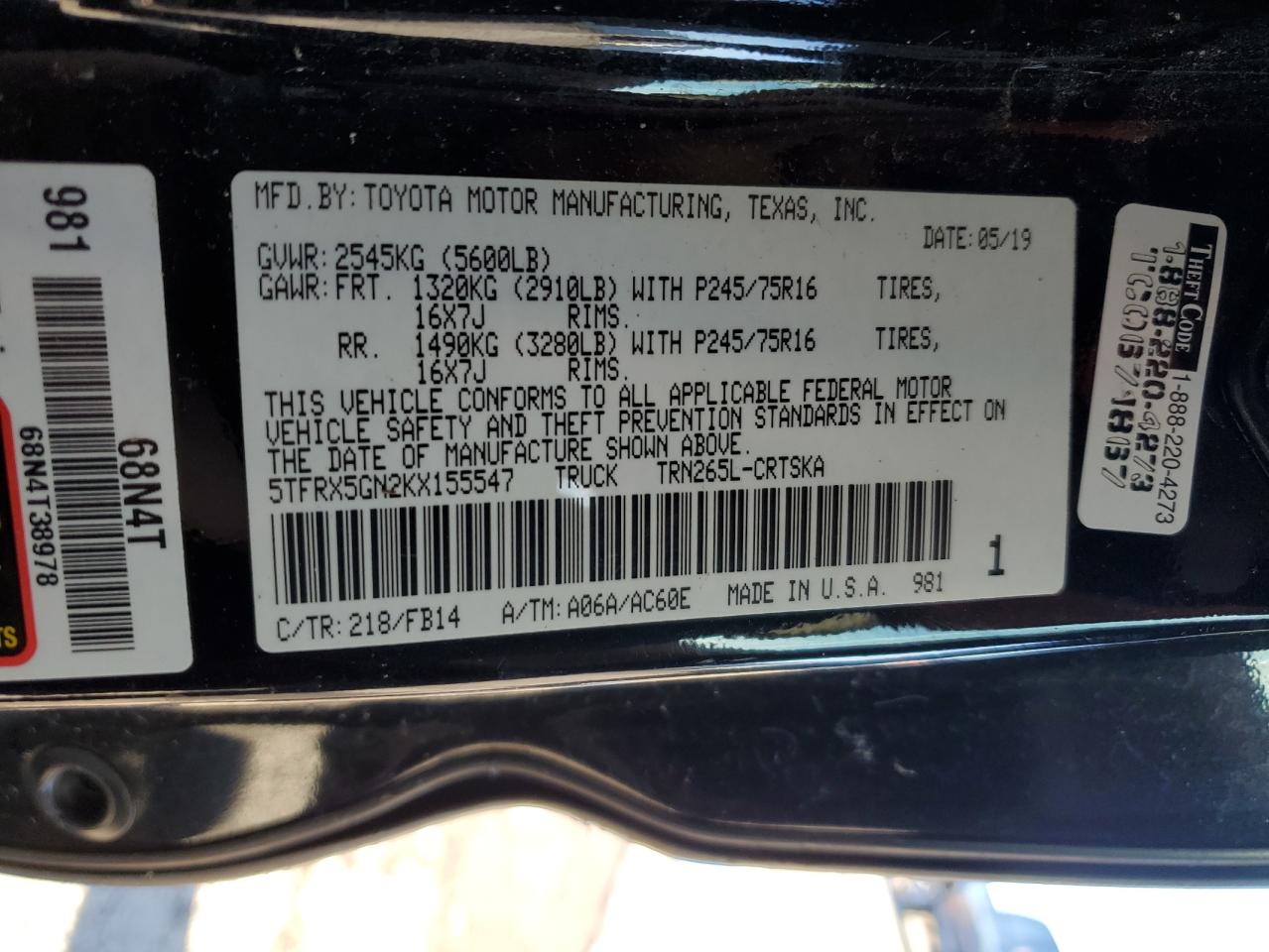 5TFRX5GN2KX155547 2019 Toyota Tacoma Access Cab