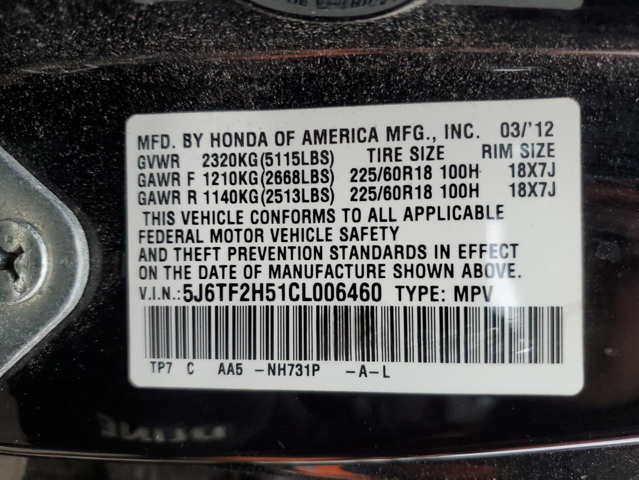 5J6TF2H51CL006460 2012 Honda Crosstour Exl