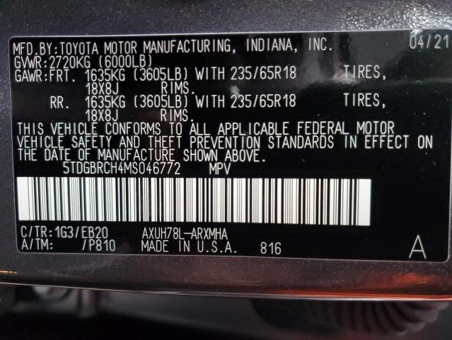 5TDGBRCH4MS046772 | 2021 TOYOTA HIGHLANDER