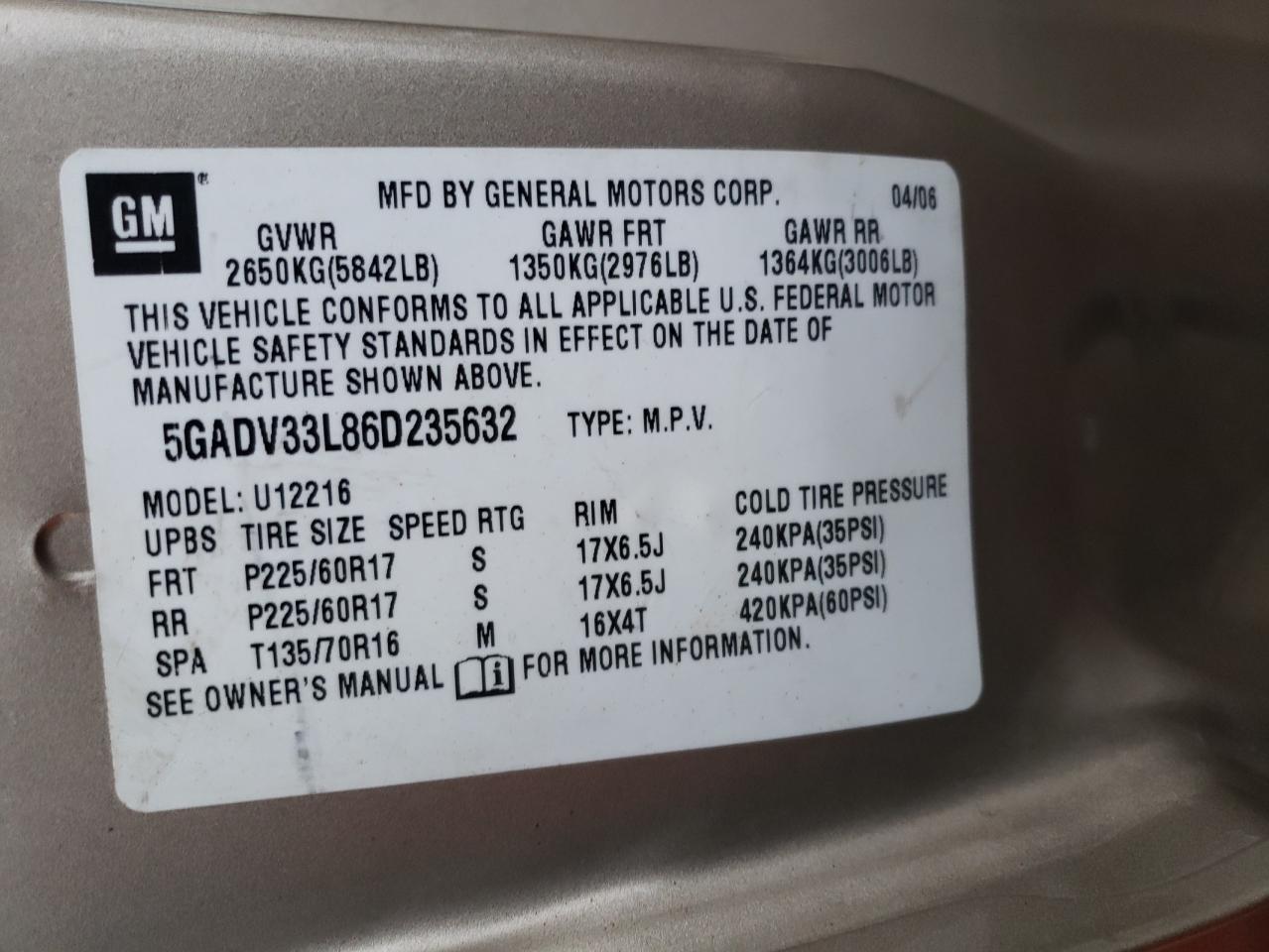 5GADV33L86D235632 2006 Buick Terraza Cxl