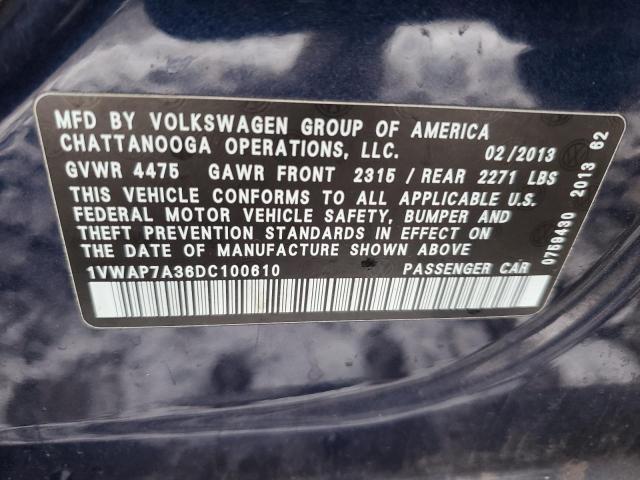 2013 Volkswagen Passat S VIN: 1VWAP7A36DC100610 Lot: 40204564