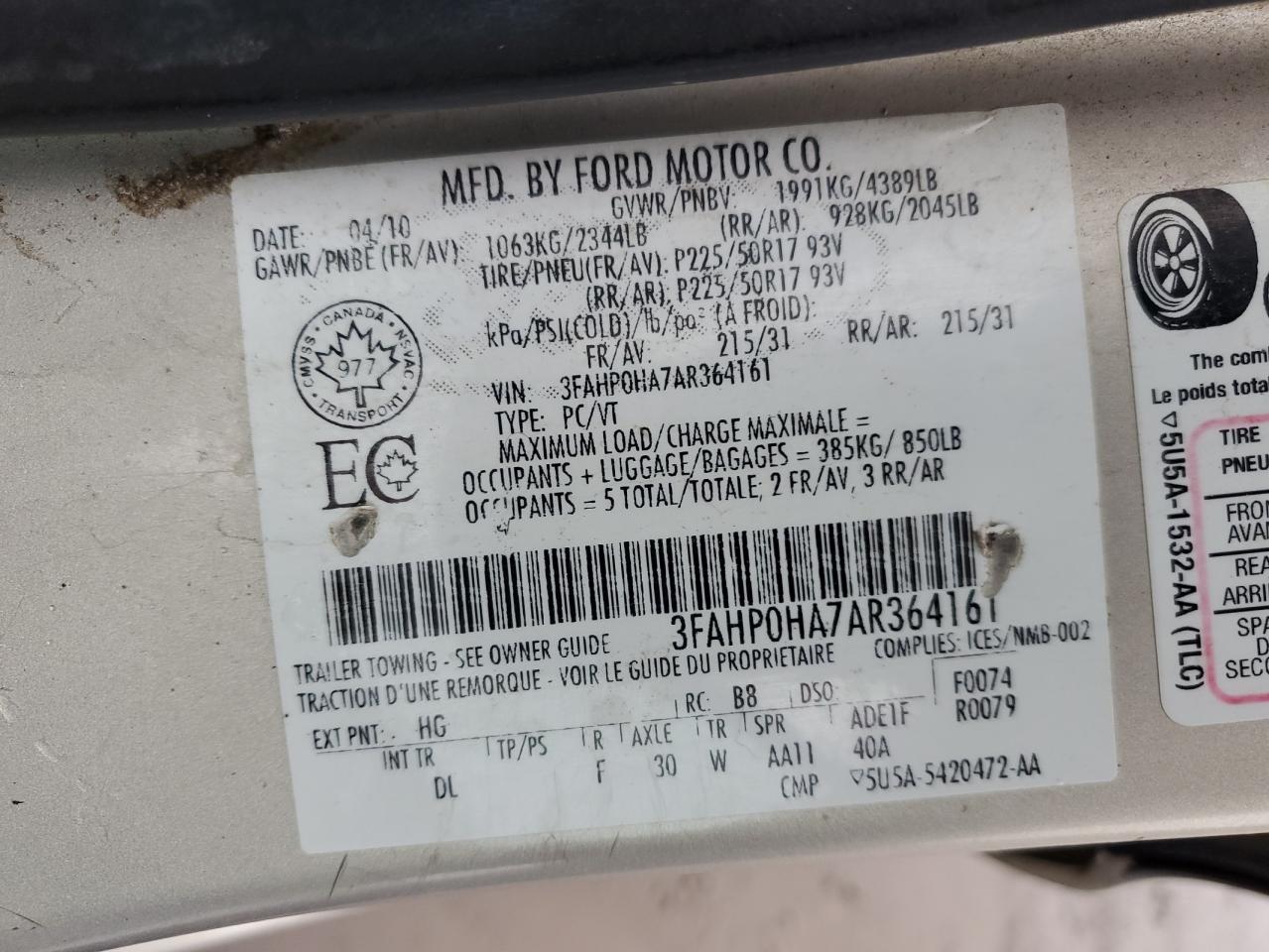 3FAHP0HA7AR364161 2010 Ford Fusion Se