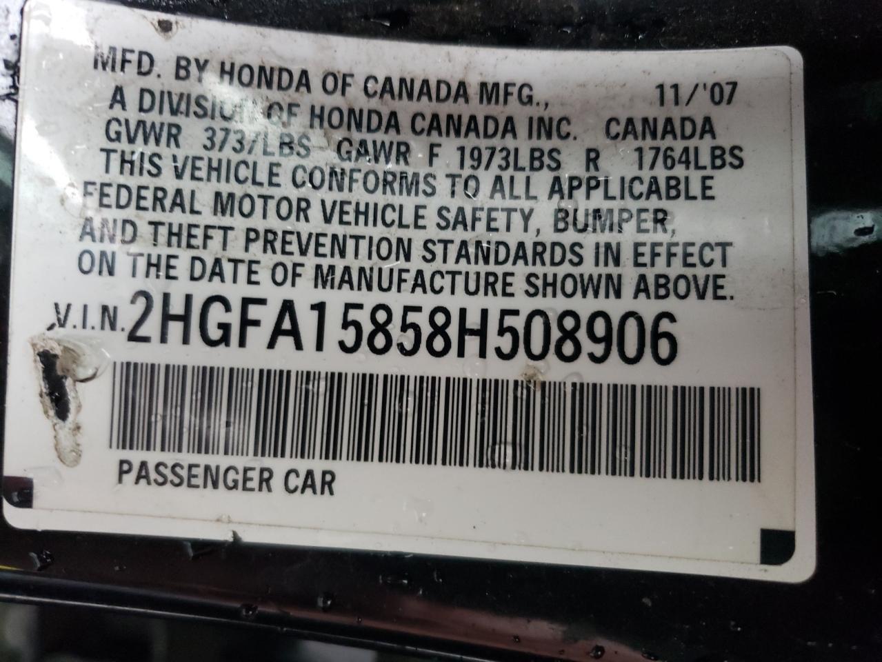 2HGFA15858H508906 2008 Honda Civic Ex