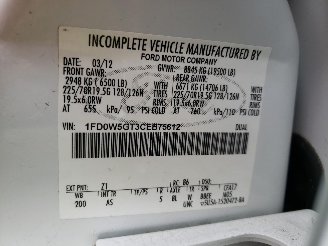 1FD0W5GT3CEB75812 2012 Ford F550 Super Duty