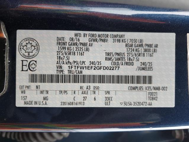 2016 Ford F150 Supercrew VIN: 1FTFW1EF2GFD02277 Lot: 37821904