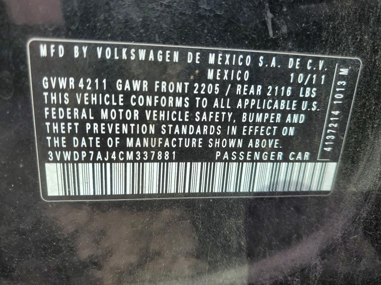 3VWDP7AJ4CM337881 2012 Volkswagen Jetta Se