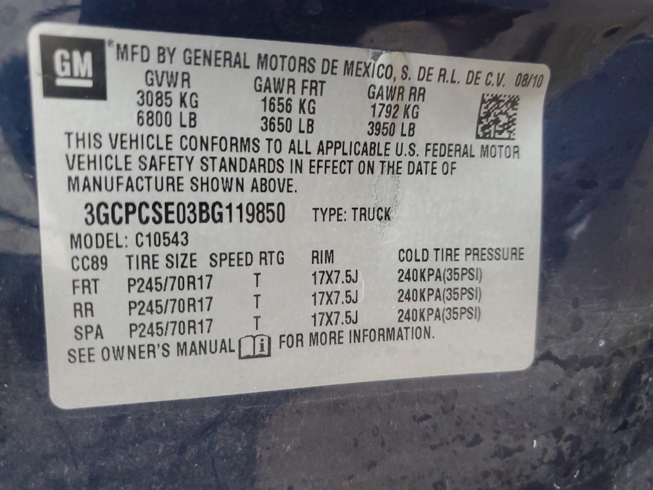 3GCPCSE03BG119850 2011 Chevrolet Silverado C1500 Lt