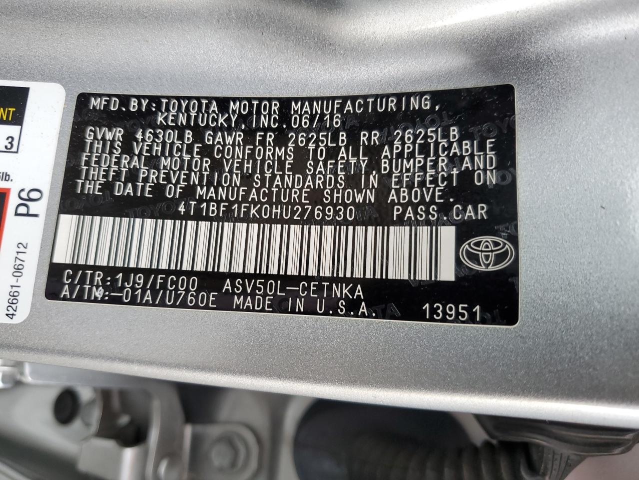 4T1BF1FK0HU276930 2017 Toyota Camry Le